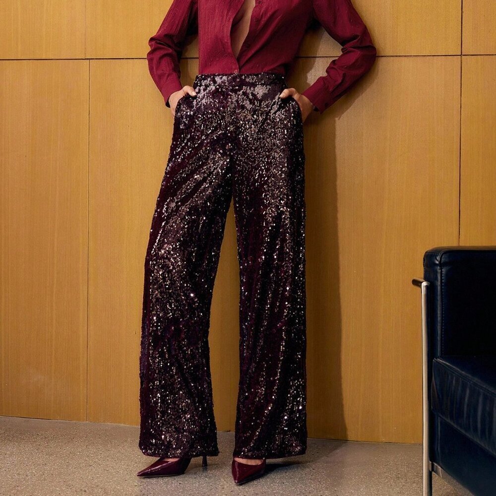 Burgundy Party Women's Contrast Sequin Straight Leg Suit Pants